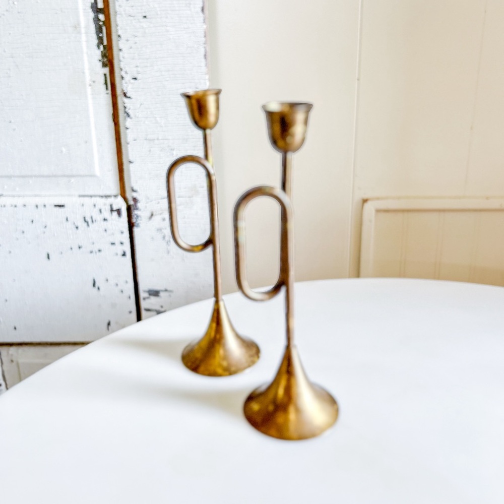 Set of 2 Vintage Brass Trumpet Candlestick Holders 🕯️